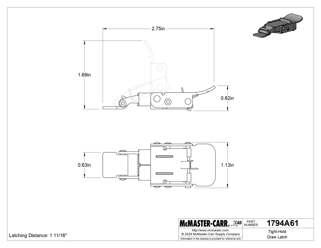 Technical Drawing of Tight-Hold Draw Latch, with Safety Catch, Zinc-Steel, 2-3/4" Long x 1-1/8" Wide.